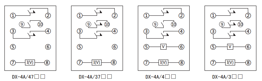 DX-4A信號繼電器內部接線及外引接線圖 DX-4A信號繼電器內部接線及外引接線圖
