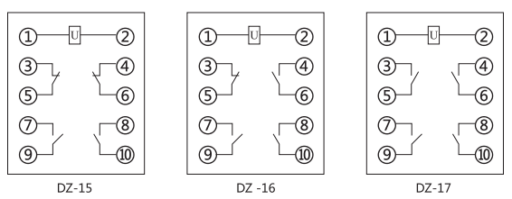 DZ-15中間繼電器內(nèi)部接線圖及外引接線圖(正視圖) DZ-15中間繼電器內(nèi)部接線圖及外引接線圖(正視圖)